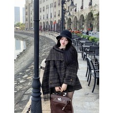 빈티지 체크 케이프 케이프 리버시블 코트 울 코트 여동