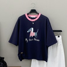 [행복여] 베스트 도그 레터링 배색 루즈핏 반팔 티셔츠