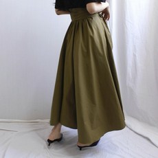 (아이보리 카키)플레어 면 100% 롱스커트 A라인 핀턱 언발하이스커트 발목길이 2020신상 봄스커트 면롱스커트 스커트