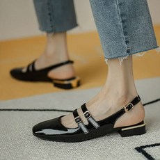여성용 플랫 더블 버클 메리 제인 신발 가죽 원피스 백 스트랩 여름 샌들