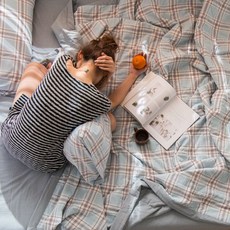 목화요솜 체크 양품 스타일전체면 워싱면 목화 여름이불 사종 세트순면 시원한여름이불 계절얇은 이불, C02-폴리 블루
