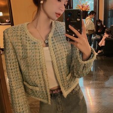 여성 트위드 자켓 봄가을 소향풍 하객룩 캐주얼 민트 체크 숏코트 라운드넥 클래식 긴팔 트위드 자켓 LJX