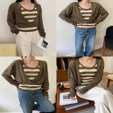 여자 브이넥 가디건 상의 이너 스트라이프 니트 여친 여성 데일리룩 나시 와이드 가을 투피스 꾹3