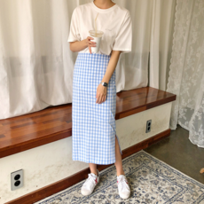 샤이컴퍼니 여름 깅엄체크 H라인 트임 롱스커트 체크무늬 스커트