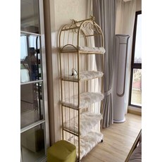 베란다선반 가방선반 가방진열대 홈카페 진열장북유럽 연철 바닥 선반 조명 고급 책장 디스플레이 랙 거실 파편 랙 화장품 랙 조류 케이지 디스플레이 랙, 4 층 80 × 30 × 167 【골드 프레임 ＋ 화이트 우드 보드】