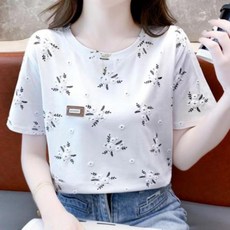 여성 여름 데일리 루즈핏 플라워 입체 반팔 티셔츠, 화이트, M