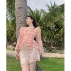 여성 인어 아름다움 자외선 차단 셔츠 세트 여름 신상품 부드러운 청순 핑크 슬링 스팽글 스커트