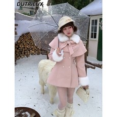 모직 자켓 가을 겨울 핑크 케이프 울 코트 달콤 여자 더블 슬림핏 긴팔