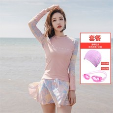 2021 예쁜 핫한 비키니 수영복 긴팔 수영복 여성 분할 스포츠 한국어 전문 자외선 차단제 속건 보수적 커버 배는 얇은 스커트 스타일의 새로운 수영복이었다, XL 권장 신장 158-170cm 체중 55-60, 92303 핑크 긴팔 패키지