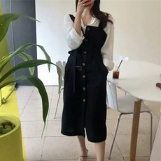 멜빵원피스패션 임부 가을옷 미스트 크림 페이스 관대히 여기다 상의 가을스타일 얼간이 엄마 개성 1663915762, 1개, 화이트 와이셔츠 배합 블랙 치마