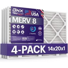 BNX TruFilter 16x20x1 에어 필터 MERV 8 6팩 - 미국산 먼지 반려동물 곰팡이 꽃가루 MPR 600 700 및 FPR 5용 보호 정전기 주름 에어컨 HVA, 14x20x1 4-Pack