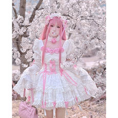 귀여운 로리타 원피스 코스프레 드레스 오리지널 화이트 핑크 트윈스 벚꽃 의상 G 21
