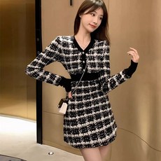 모몰라티 여성 브이넥 체크무늬 이어붙이다 니트 원피스