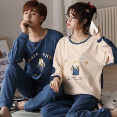 블루썬 순면커플잠옷 커플파자마 여성 봄가을 코튼 소매 긴바지 여름 얇은 타입 풀패딩 캐쥬얼 가능 외출함 실내복셋트 남자
