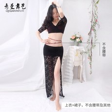 레이스롱치마 청 부드럽다 춤솜씨 벨리댄스 연공복 섹시 오리엔탈 무도복 퍼포먼스 초학, 블랙 （상의 _치마 ）
