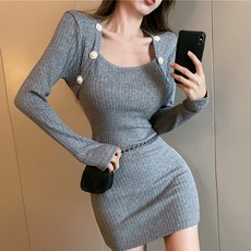 제이리스트 스퀘어 볼레로 버튼 골지 긴팔 원피스 섹시홀복 파티룩 페스티벌룩 PFW-C010