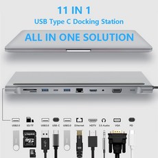우드 1개의 USB 타입 C 허브 어댑터 도킹 스테이션 HDMI VGA RJ45 PDMacBook HP Lenovo Surface 호환 Thunderbolt 3Laptop 스테이션, 01 11-IN-1