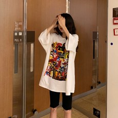 노멜스토어 박시반팔티 임부 티셔츠 여성 와이드 루즈핏 그래피티 낙서 하프기장 블랙 데님 스키니핏 오부바지 커버