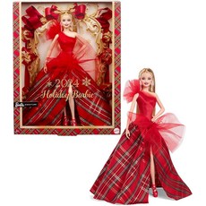 Barbie 시그니처 인형 2024 홀리데이 블론드 패션 격자무늬 스커트가 있는 가운을 입고 있음 전시용 포장에 담긴 계절 수집가 선물 176174, Barbie 시그니처 인형, 2024 홀리데이 블론드