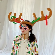 [바이프링]홈파티 사슴뿔 크리스마스 게임 루돌프왕관 파티이벤트 파티 소품 링고리 던지기놀이, 1set, 루돌프뿔 머리띠& 그린링2개&레드링2개