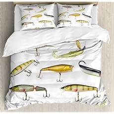 Ambesonne Fishing Duvet Cover Set Fishing Tackle Bait for Spearing Trapping (Queen White Yellow), Queen, White Yellow