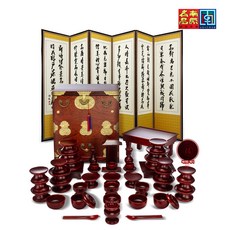 춘향골 남원목기 물푸레 복 제기 47p+오동함 (+향로상) +사군자 6폭병풍, 1box, 접시18,나물접시3,술잔3,잔대3,탕기3,식혜그릇1,향로1,촛대2,어틀1,편틀1,지방틀1,주발2세트,오동함1,6폭병풍,향로상
