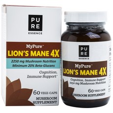 퓨어에센스랩스 마이퓨어 라이언 메인 4X 2250mg 머쉬룸 뉴트리션 미니멈 20% 베타 글루칸 베지 캡슐 무설탕 비건 글루텐 프리, 60개입, 1개