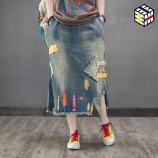 트렌드셀러 스커트 데님 롱 여성 레트로 연극 자수 패치 구멍 탄성