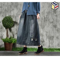 스커트 데님 롱 여성 문학 자수 얇은 드레스 레터링
