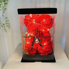 러블리팜 장미꽃 곰인형 로즈베어 S + 전용케이스 + 리본장식 + LED전구 + 종합레터링시트지 세트, 레드(곰인형), 블랙(레터링)