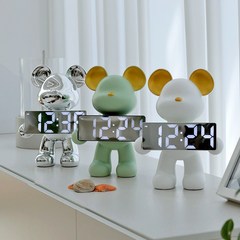 모던 심플 감성 인테리어 장식 곰 LED 디지털 알람 탁상시계, 화이트, 화이트