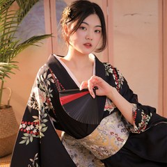 여름 여성 블랙 리본 루즈핏 슬림 원피스 블랙 섹시 플라워 일본계 기모노