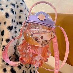 대용량 캐릭터 곰돌이 플라스틱 빨대컵 휴대용 멜빵 물통 여자 핸드폰 거치대 물컵, 핑크색, 1400ml, 1개