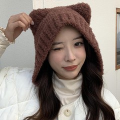 감성갤러리 여성 곰돌이 뽀글이 귀도리 니트 모자 군밤모자 귀달이모자 겨울모자 E-H012