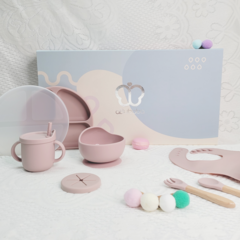 어부바바 실리콘 유아 식기 아기 선물 세트, 핑크(쇼핑백 포함 기프트 세트), 식판+볼+스푼+포크+컵+턱받이
