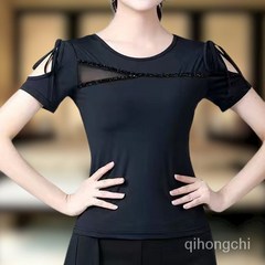 라틴댄스복 여자 성인 반팔 상의 댄스복, 검정