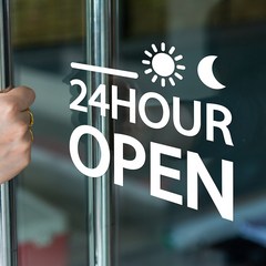 24hour open 24시간 영업 가게 매장 도어 스티커, 흰색