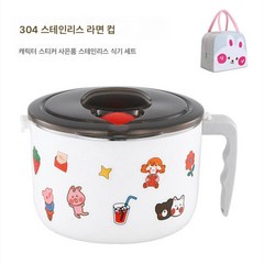 304 스텐 라면볼 라지 뚜껑이 있는 기숙사 라면볼 뜨거운방지 식당 밥그릇 수저세트, 304스테인레스 스틸 안감+빵토끼 스티커, 02 일반뚜껑+스텐수저포크케이스+보온백