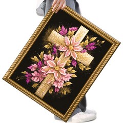 FASEN 액자 보석십자수 캔버스형 DIY 키트 40 x 50 cm, FAN122.십자가와 꽃, 1세트