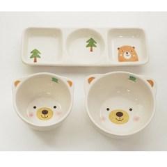 어린이 모이내츄럴 동물 식기 3종 세트, 곰, 밥공기 + 국그릇 + 세칸접시
