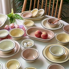 어글리 도트 도자기 접시 식기 10종 세트 집들이선물 답례품, 어글리 도트 식기세트-레몬크림(반광)
