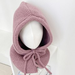 한스모자 넥워머 바라클라바 남녀공용 단추 니트 후드 방한 따뜻한 넥웨어, 핑크