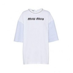미우미우 MIUMIU MIU MJN352 1V6F F0009 크리스탈 오버사이즈 코튼 티셔츠 407231