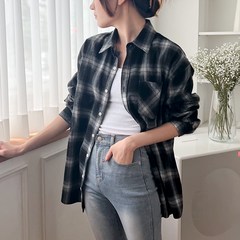 [오버나인] 여자 여성 옴브레 체크 남방 루즈핏 셔츠