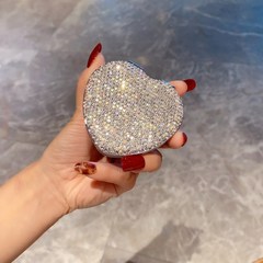 럭셔리 큐빅장식 휴대용 하트 손거울 여자친구선물, 화이트 다이아몬드 러브 미러