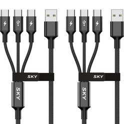 SKY 비트 3in1 USB to C타입 고강도 패브릭 멀티 고속 충전 메탈 케이블 27W, 200cm, 블랙, 2개