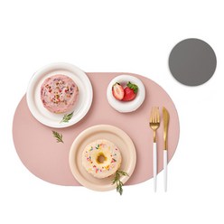 지베아 플로라 가죽 방수 타원형 식탁 테이블매트, 핑크(앞면) + 다크그레이(뒷면), 440 x 300 mm