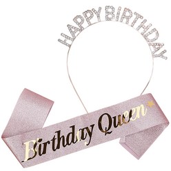 JOYPARTY 메탈릭 생일머리띠 + 생일어깨띠 Birthday Queen 세트, 로즈골드(머리띠), 글리터로즈골드(어깨띠), 1세트