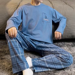 세컨핑크 타탄 패션 체크 남성용 긴팔 잠옷 상하의 세트