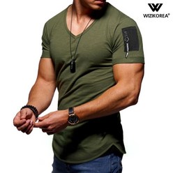 남성 소매 지퍼 슬림 반팔 V넥 라운드 티셔츠 남자 브이넥 WI019T